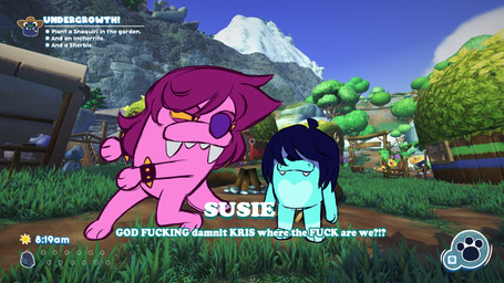 anthro bracelet cute_fangs duo eye_patch eyewear fangs female hair humor jewelry male obscured_eyes profanity purple_body purple_hair screencap screencap_background sharp_teeth spiked_bracelet spikes teeth text yellow_sclera peppermintarts bugsnax deltarune kris_where_are_we undertale_(series) young_horses kris_dreemurr susie_(deltarune) grumpus 16:9 2021 english_text hi_res meme widescreen
