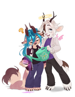 angel_halo anthro antlers beverage blue_hair brown_body brown_fur claws container cup cutie_mark deer_nose duo feathered_wings feathers female flower fur hair heterochromia horn long_hair long_tail male plant scut_tail short_tail tail tea watering_can white_body white_fur wings kandkaru hasbro my_little_pony deer mammal absurd_res hi_res