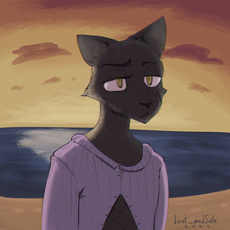 anthro beach black_body black_fur clothed clothing fur male outside sand solo text lost_andsafe orator_(halcyon) domestic_cat felid feline felis mammal 2026 absurd_res bust_portrait chromatic_aberration digital_media_(artwork) english_text hi_res portrait