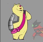 2013 anthro bear bearclops_(mao_mao) biped black_body cartoon_network cloak clothing concept_art domestic_cat dot_eyes duo eye_patch eyewear felid feline felis mammal mao_mao:_heroes_of_pure_heart official_art parker_simmons sheriff_mao_mao_mao simple_background weapon