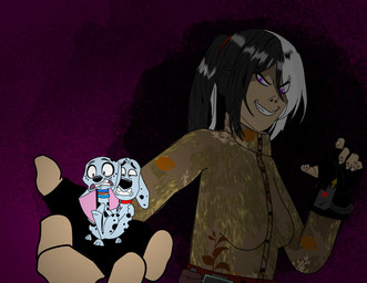 black_clothing black_fingerless_gloves black_gloves black_handwear black_spots clothing female feral fingerless_gloves fur gloves group hair handwear human_focus male multicolored_hair parody purple_eyes size_difference spots trio two_tone_hair white_body white_fur blazewatersage redundantmodule 101_dalmatian_street 101_dalmatians disney randy_cunningham:_9th_grade_ninja dolly_(101_dalmatians) dylan_(101_dalmatians) fan_character violet_de_vil canid canine canis dalmatian domestic_dog human mammal