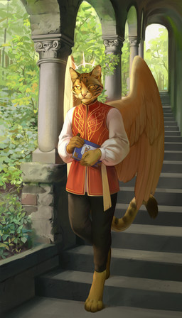 anthro biped bottomwear claws clothed clothed_anthro clothed_male clothing day feathers feet fingers front_view fully_clothed fully_clothed_anthro fully_clothed_male fur male outside plant solo standing tail toes topwear tree whiskers wings dannoitanart domestic_cat felid feline felis mammal 2026 absurd_res digital_drawing_(artwork) digital_media_(artwork) hi_res