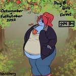 1:1 anthro apple belly_overhang big_breasts blue_body blue_scales boots bottomwear breasts clothing eye_patch eyewear female fish food footwear forest fruit hair looking_down marine number obese obese_female overweight overweight_female pants plant ponytail red_clothing red_eyes red_footwear red_hair red_shoes scales shirt shoes signature solo sweater text topwear tree undertale_(series) undyne weight_gain wenisberry