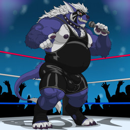anthro blue_body blue_fur bulge collar electronics fire flaming_tail fur hair long_hair male mask microphone musclegut muscular spiked_collar spikes sports_mask sportswear tail wrestler wrestling wrestling_mask wrestling_singlet bobbellyboy mythology hydroplane canid canid_demon canine demon hellhound mammal mythological_canine mythological_creature tibicena absurd_res hi_res