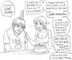 birthday_cake bodily_fluids cake candle clothing dessert female food hat headgear headwear humanoid_pointy_ears male not_furry party_hat pointy_ears shirt simple_background sweat text text_on_clothing text_on_shirt text_on_topwear topwear baalbuddy neon_genesis_evangelion rei_ayanami elf human humanoid mammal english_text hi_res monochrome