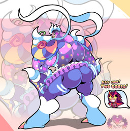 big_butt big_muscles bottomwear bubble_butt butt candy chibi clothing cutaway cutlery dancewear dessert dialogue duo female food fork kitchen_utensils knife male male_focus muscular not_furry profanity purple_body rear_view sharp_teeth skirt smile solo_focus speech_bubble spiral spiral_eyes teeth text tools tutu twerking steampunkheart_(artist) marvel marvel_rivals gummy_surprise_venom_(marvel_rivals) scarlet_witch venom_(marvel) wanda_maximoff alien alien_humanoid human humanoid mammal symbiote english_text hi_res