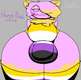 big_bulge big_butt bulge butt clothing huge_butt huge_hips hyper hyper_butt hyper_hips lgbt_pride low-angle_view male pride_color_clothing pride_colors rosy_cheeks solo wide_hips lustfueledmoth adry_(lustfueledmoth) arthropod insect lepidopteran moth rosy_maple_moth nonbinary_(lore)