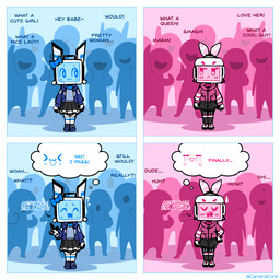 :3 blue_background clothed clothing crossdressing crowd dialogue female group machine male not_furry pink_background screen screen_face sharp_teeth simple_background teeth text thought_bubble baronflint avalon_(baronflint) camelot_(baronflint) humanoid robot robot_humanoid 1:1 comic english_text