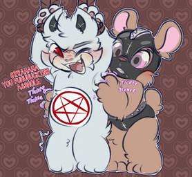 2_horns anthro bdsm belly_badge blush blush_lines bodily_fluids bondage bound brown_body brown_fur claws crying_laughing dialogue duo fur gimp_mask horn laugh male male/male mask occult_symbol pentagram pink_eyes profanity red_eyes restraints rope rope_bondage sharp_teeth symbol tears teeth tickle_torture tickling tickling_armpits tickling_belly white_body white_fur zipper zipper_mouth conditional_dnp tuvandalist bear_nuts evil_bear gimp_bear bear mammal hi_res
