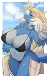 anthro big_breasts bikini blue_body breasts clothed clothing female female_anthro fur hair horn looking_at_viewer outside smile solo swimwear two-piece_swimsuit manmaru_mao nintendo pokemon generation_5_pokemon mammal pokemon_(species) samurott absurd_res hi_res