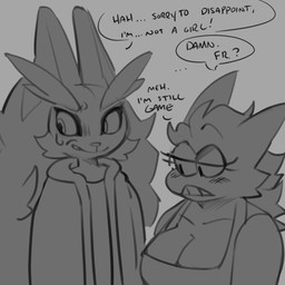 anthro big_breasts blush bodily_fluids breasts cleavage cleavage_overflow clothed clothing dialogue duo eyelashes female flustered gender_confusion grey_background jacket male shirt simple_background speech_bubble stated_bisexuality stated_gender stated_sexuality sweat sweatdrop tank_top teeth teeth_showing text topwear poogyl nintendo pokemon gaz_(poogyl) lupe_(poogyl) generation_1_pokemon generation_4_pokemon gengar ghost lagomorph lopunny mammal pokemon_(species) spirit 1:1 2022 english_text greyscale hi_res monochrome