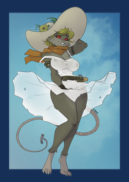 anthro barefoot belt big_breasts blonde_hair breasts buckteeth clothed clothed_anthro clothed_female clothing dress feet female hair looking_at_viewer nipple_outline orange_scarf red_eyes scarf solo summer_hat tail teeth wearing_hat white_clothing white_dress yawg warhammer_(franchise) piper_(yawg) mammal murid murine rat rodent skaven 2026 alpha_channel hi_res