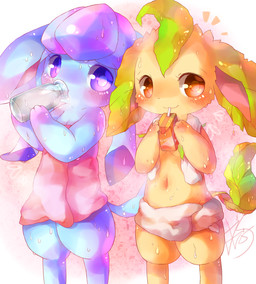 abstract_background anthro blue_body blush blush_lines bodily_fluids bottle breasts brown_eyes container digitigrade drinking duo emanata female fog fur green_body green_ears green_tail heart_symbol holding_juice_box holding_milk_bottle holding_object juice_box looking_at_viewer markings milk milk_bottle milk_container navel paws pink_inner_ear pink_towel purple_eyes semi-anthro small_breasts smile standing sweat tail tan_body tan_fur towel towel_only white_towel young d685ab7f nintendo pokemon eeveelution generation_4_pokemon glaceon leafeon mammal pokemon_(species) digital_drawing_(artwork) digital_media_(artwork) signature unavailable_at_source