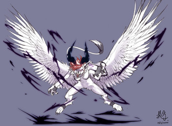 2_horns 3_fingers 4_toes anthro arm_markings aura back_wings black_aura black_horn claws digitigrade fangs feathered_wings feathers feet female finger_claws fingerpads fingers front_view fur furrowed_brow glowing glowing_markings grey_ears grey_pawpads grey_tuft hair head_horn horn inner_ear_fluff looking_at_viewer markings nude nude_anthro nude_male open_mouth pawpads purple_aura purple_background purple_markings red_hair shoulder_markings simple_background simple_eyes solo tail tail_tuft teeth toe_claws toes tuft white_body white_ears white_eyes white_feathers white_fur white_inner_ear_fluff white_tuft white_wings wings chiayeeee canid canine canis mammal wolf 2020 dated digital_drawing_(artwork) digital_media_(artwork) full-length_portrait hi_res portrait signature