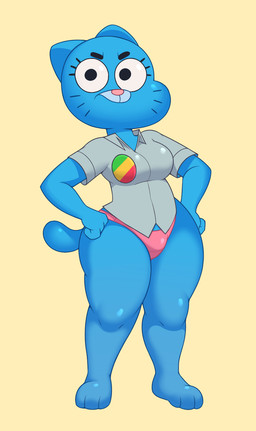3_toes 4_fingers accessory angry anthro arms_bent barefoot big_breasts big_eyes biped black_eyebrows black_eyes black_markings blue_body blue_ears blue_fur blue_tail breasts closed_frown clothed clothed_anthro clothed_female clothing collared_shirt decorative_pin eyebrows eyelashes facial_markings feet female fingers frown fur glistening glistening_body glistening_clothing glistening_eyes glistening_face glistening_feet glistening_fur glistening_knees glistening_legs glistening_panties glistening_shirt glistening_tail glistening_topwear glistening_underwear grey_clothing grey_shirt grey_topwear hands_on_hips hands_on_own_hips head_markings huge_hips humanoid_hands iris light_body light_fur looking_at_viewer markings mature_anthro mature_female monotone_background mouth_closed muzzle_(marking) no_pupils panties pantsless pin_accessory pin_button pink_clothing pink_nose pink_panties pink_underwear plantigrade pointy_ears prick_ears round_eyes shirt short_sleeves simple_background snout solo standing straight_legs tail tan_background thick_thighs three-quarter_view toes topwear underwear whisker_markings white_markings wide_hipped_anthro wide_hipped_female wide_hips acstlu cartoon_network the_amazing_world_of_gumball nicole_watterson domestic_cat felid feline felis mammal 2018 digital_drawing_(artwork) digital_media_(artwork) full-length_portrait hi_res portrait