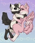 ambiguous_gender anthro black_body black_eyes black_fur black_sclera duo fluffy fluffy_tail fluffy_wings fur happy hug pink_body pink_fur pink_wings simple_background smile space tail white_body white_fur wings duskooky lostfox canid canine canis fox hybrid mammal wolf 4:5 absurd_res hi_res