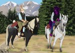 anthro bridle feral gradient_hair hair harness horseback_riding male mount mountain plant reins riding saddle saddle_bag sky tree western novalynxa canid canine equid equine felid feline horse mammal digital_media_(artwork) trans_(lore) trans_man_(lore)