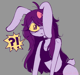 anthro big_ears big_eyes blush bra choker clothing ear_over_eye exclamation_point female fur grey_background hair hair_over_eye jewelry long_hair looking_at_viewer necklace panties purple_body purple_fur question_mark short_tail simple_background solo tail underwear squeegsnail glitch_productions the_amazing_digital_circus gooseworx's_post-transition_jax_design jax_(tadc) lagomorph leporid mammal rabbit 2026 digital_media_(artwork) english_description trans_(lore) trans_woman_(lore)