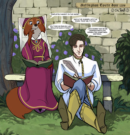 4_fingers alternate_costume anthro asking asking_another biped book boots brick brick_wall brown_eyes brown_hair cheek_tuft clothed clothed_anthro clothed_female clothed_human clothed_male clothing countershade_face countershading dialogue dress duo eyebrows eyelashes facial_tuft feet female female_anthro fingers footwear front_view fully_clothed fully_clothed_anthro fully_clothed_female fully_clothed_human fully_clothed_male fur grass hair headdress holding_book holding_object human_on_anthro humanoid_hands interspecies linked_speech_bubble looking_at_another loose_feather male male/female male_human medieval orange_body orange_fur outside plant pupils question quill redesign shoes short_hair shrub sitting smile speech_bubble talking_to_another tan_body tan_fur text tree tuft wall_(structure) sir_paulus disney robin_hood_(disney) fan_character maid_marian pavel_(sir_paulus) canid canine fox human mammal artist_name colored english_text hi_res shaded