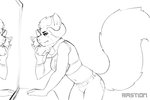 2_heads anthro bottomwear clothing female hand_on_head horn mirror multi_head pants solo standing topwear bastionshadowpaw arki_(arcturus) ailurid hybrid mammal mephitid red_panda skunk 3:2 hi_res monochrome