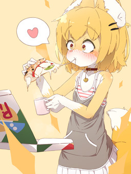 accessory anthro blonde_hair blush blush_lines box clothed clothing container cup dipstick_tail eating female female_anthro flat_chested food fur gloves_(marking) hair hair_accessory heart_symbol holding_food holding_object kemono markings multicolored_body multicolored_fur multicolored_tail pink_nose pizza pizza_box short_hair slim solo speech_bubble tail tail_markings two_tone_body two_tone_fur white_body white_fur white_tail_tip yellow_body yellow_fur young young_anthro young_female aogitsune_jitto canid canine fox mammal 2022 3:4 digital_media_(artwork) hi_res pictographics translated_description