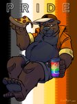 anthro bear_pride_colors belly big_belly black_body black_fur black_nose bottomwear brown_body brown_fur can clothed clothing container food fur hat headgear headwear humanoid_hands lgbt_pride male open_clothing open_shirt open_topwear overweight overweight_male pizza pizza_slice pride_color_background pride_colors rainbow_flag rainbow_pride_colors rainbow_pride_flag rainbow_symbol shirt shorts simple_background sitting six-stripe_rainbow_pride_colors solo subculture_pride_colors topwear k-9 barry_the_pizza_bear bear mammal 2021 hi_res