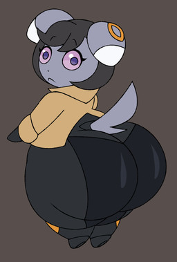 anthro big_butt black_bodysuit black_clothing black_eyebrows black_hair black_nose black_skinsuit bodysuit butt clothing dipstick_ears ear_markings eyebrows eyelashes female grey_background grey_body grey_ears grey_tail hair huge_butt huge_thighs hyper hyper_butt looking_at_viewer looking_back looking_back_at_viewer multicolored_ears pink_sclera purple_eyes rear_view simple_background skinsuit solo tail tan_clothing tan_topwear thick_thighs tight_clothing topwear white_ear_tips addde nintendo pokemon pokemon_legends_z-a emma_(pokemon) espurr generation_6_pokemon pokemon_(species) 2026 colored digital_media_(artwork) flat_colors hi_res