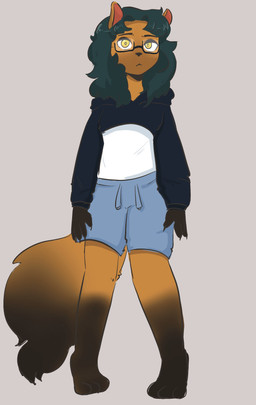 anthro black_hair blue_bottomwear blue_clothing blue_shorts bottomwear brown_body brown_fur clothing cropped_jacket eyewear fading fur glasses hair male shirt shorts solo standing topwear white_clothing white_shirt white_topwear nuricinthus jonax_brown-fox canid canine fox mammal absurd_res hi_res
