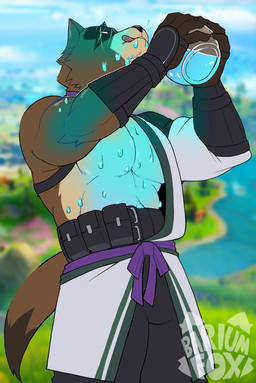 abs anthro armor barazoku belt biceps big_muscles blurred_background bottle bottomwear bracers chug_jug clothed clothing container day drinking fur holding_bottle holding_container holding_object holding_potion licking licking_lips licking_own_lips male manly muscular muscular_anthro muscular_male narrowed_eyes open_clothing open_topwear outside pants pecs potion potion_bottle scar self_lick smile solo standing tongue tongue_out topwear tuft wet wet_body wet_fur bariumfox epic_games fortnite hajime_(fortnite) canid canine mammal raccoon_dog tanuki 2025 hi_res signature