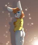 anthro bare_butt blue_eyes blush butt clothing dust_particles female light light_beam looking_at_viewer looking_back looking_back_at_viewer mostly_nude open_mouth solo sunbeam sunlight sweater topwear beep! joy/sb_(snickcola) humanoid lagomorph leporid mammal rabbit hi_res