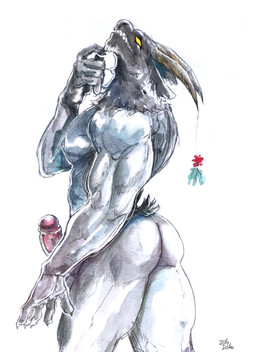 5_fingers anthro biceps black_body butt erection fingers genitals glistening glistening_body holidays horn humanoid_genitalia humanoid_penis male mistletoe mistletoe_on_horn muscular muscular_anthro muscular_male pecs penis pink_penis plant rear_view simple_background smile solo standing white_background yellow_eyes jellyjecko christmas krampus bovid caprine caprine_demon demon goat_demon mammal 2026 absurd_res hi_res painting_(artwork) signature traditional_media_(artwork) traditional_painting_(artwork) traditional_watercolor_(artwork) watercolor_(artwork)