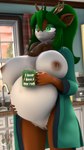 anthro bathrobe belly beverage big_belly big_breasts bodily_fluids breasts buckteeth clothing coffee coffee_mug female green_hair hair kitchen lactating neck_tuft nipples open_bathrobe pregnant pregnant_anthro pregnant_female revamped_anthros robe solo teeth text tuft donglysfm tea_tree_(donglysfm) deer mammal 3d_(artwork) 4k 9:16 absurd_res digital_media_(artwork) english_text hi_res source_filmmaker_(artwork)