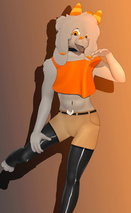 anthro bottomwear choker clothed clothing crop_top floppy_ears fur grey_body grey_fur hair horn jewelry latex latex_clothing latex_legwear latex_thigh_highs legwear male necklace orange_clothing orange_crop_top orange_eyes orange_horn orange_shirt orange_topwear shirt shorts solo thigh_highs tongue tongue_out topwear conditional_dnp gusta gusta_(gusta) bovid caprine goat mammal hi_res