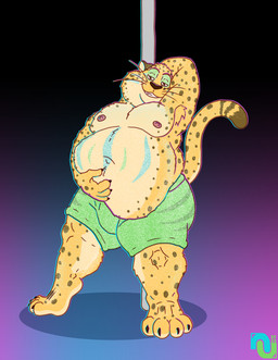 4_fingers 4_toes anthro armpit_hair armpit_tuft belly big_cheeks body_hair bottomwear chubby_cheeks clothed clothing dancing feet fingers fur looking_at_viewer male markings nipples overweight overweight_anthro overweight_male pole pole_dancing smile solo spots spotted_body spotted_fur toes topless tuft underwear whiskers yellow_body yellow_fur nenanauso disney zootopia benjamin_clawhauser cheetah felid feline mammal 2022 digital_media_(artwork)