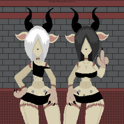3_fingers anthro big_breasts black_clothing black_hair black_horn black_nose black_pubes breasts brick brick_wall clothing duo female fingers flat_chested hair hand_on_hip horn navel pube_peek pubes raised_finger stitched_body surgical_suture wall_(structure) white_hair white_pubes therealmessyroomguy1 mohrta unknown_species 1:1 hi_res watermark sibling_(lore) sister_(lore) sisters_(lore)