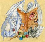 2017 ambiguous_gender blue_eyes book character_miniature d12 d20 d4 d6 d8 dice dragon dungeons_and_dragons duo english_text european_mythology feral folded_wings hair hasbro heather_bruton horn long_neck membrane_(anatomy) membranous_wings miniature_model miniatures mythological_creature mythological_scalie mythology pencil_(object) role-playing_game scales scalie tail text tongue tongue_out western_dragon white_body white_hair white_scales wings wizards_of_the_coast