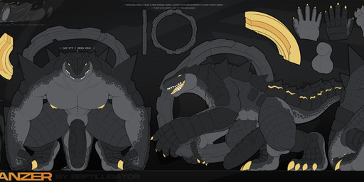 4_toes 5_fingers animal_genitalia anthro anus backsack balls big_arms big_penis big_tail black_body chart feet fingers foreskin genitals huge_penis hybrid_genitalia male muscular muscular_male nipples nude pecs penile_spines penis puffy_anus rolling sheath size_chart size_difference spikes tail teeth toes vein veiny_penis yellow_nipples reptilligator mythology danzer_(reptilligator) alligator alligatorid crocodilian dragon hybrid mythological_creature mythological_scalie reptile scalie absurd_res digital_media_(artwork) hi_res model_sheet