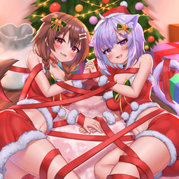 5_fingers accessory ahoge bare_shoulders big_breasts biped blush bottomwear bow_(feature) bow_ribbon braided_hair breasts brown_eyes brown_hair christmas_clothing christmas_decorations christmas_headwear christmas_lights christmas_tree clothed clothing clothing_bow collar costume cute_fangs detailed_background duo eyelashes fangs female female/female fingers floppy_ears fully_clothed gift glistening glistening_body glistening_eyes glistening_hair glistening_skin hair hair_accessory hair_bow hair_ribbon hairclip hand_holding hat headgear headwear holidays human_and_animal_ears humanoid_hands humanoid_on_humanoid inner_ear_fluff inside interlocked_fingers light_body light_skin looking_at_viewer lying midriff monotone_hair multi_ear navel on_ground on_side open_mouth open_smile ornament pigtails plant purple_eyes purple_hair red_bottomwear red_clothing red_shirt red_skirt red_topwear ribbons sack santa_costume santa_hat shirt short_hair skirt smile teeth topwear tree tuft deaver christmas hololive vtuber inugami_korone okayu_nekomata animal_humanoid canid canid_humanoid canine canine_humanoid cat_humanoid dog_humanoid felid felid_humanoid feline feline_humanoid humanoid mammal mammal_humanoid 1:1 absurd_res digital_media_(artwork) hi_res shaded