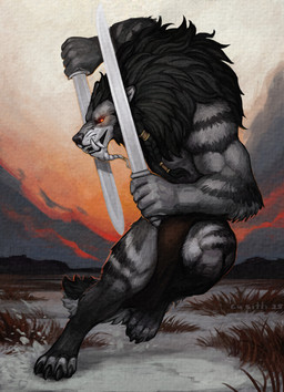 anthro autumn blade bottomwear clothing field fur glowing glowing_eyes grey_body grey_fur grin loincloth male muscular pigtails red_eyes smile snow solo sunset teeth weapon winter cu_sith_(artist) mythology mjodvitnir canid canine canis mammal mythological_canine mythological_creature werecanid werecanine werecreature werewolf wolf hi_res