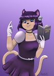 anthro black_nose book choker clothing dress dual_holding female gloves hair handwear holding_book holding_object holding_pen holding_writing_utensil jewelry necklace pen purple_background purple_eyes purple_hair simple_background smile solo writing_utensil moomaid chimiko domestic_cat felid feline felis mammal 2020 absurd_res hi_res