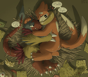 bag blush blush_lines claws cuddling dialogue duo heart_symbol hearts_around_head holding_each_other hug i_love_you love lying male male/male map nest on_side paper romantic romantic_couple smile smiling_at_another speech_bubble tail text qrnrr nintendo pokemon pokemon_mystery_dungeon spike_chunsoft aerial_explorer_archen marine_explorer_buizel archen buizel fossil_pokemon generation_4_pokemon generation_5_pokemon pokemon_(species)