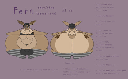 anthro big_butt big_penis biped bubble_butt butt clothing front_view genitals huge_butt huge_penis hyper hyper_butt legwear male moobs multicolored_body navel overweight penis pose rear_view simple_background solo text thick_thighs thigh_highs wide_hips nintendo pokemon fern_(fernretriever) eevee generation_1_pokemon pokemon_(species) character_name digital_drawing_(artwork) digital_media_(artwork) english_text full-length_portrait hi_res model_sheet portrait