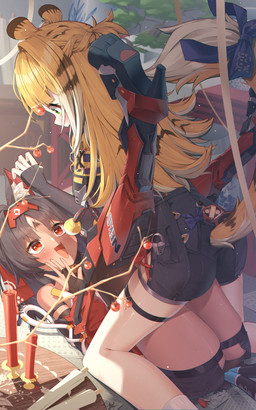 accessory animal_ears black_bottomwear black_clothing black_hair black_shorts blonde_hair blush bottomwear clothing cute_fangs fangs female female_on_top fight fluffy_ears furgonomics green_eyes hair kneeling kneeling_on_ground legs_up long_hair looking_at_another markings on_top open_mouth red_eyes red_sleeves ribbons short_hair shorts striped_hair striped_markings striped_tail stripes tail tail_accessory tail_markings tail_ribbon teeth two_tone_tail white_hair maerumui mihoyo zenless_zone_zero ju_fufu nekomiya_mana animal_humanoid cat_humanoid felid felid_humanoid feline feline_humanoid humanoid mammal mammal_humanoid pantherine pantherine_humanoid thiren tiger_humanoid 5:8 absurd_res hi_res