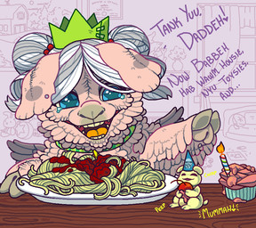 ambiguous_feral ambiguous_gender baby_talk ball blue_eyes bodily_fluids candle cherry clothing crying cupcake detailed_background dialogue dish double_bun duo feral fire food fruit fur hair hair_bun hat headgear headwear holding_food holding_object hooves lit_candle monotone_body neonate open_mouth open_smile paper_crown party_hat pasta pink_body pink_fur plant plushie sitting size_difference smile spaghetti star_pupils tears teeth text tongue white_hair wings young young_ambiguous young_feral bugbox fluffy_pony mythology equid equine fluffy_pony_(species) mammal mythological_creature mythological_equine pegasus cel_shading digital_media_(artwork) english_description english_text shaded