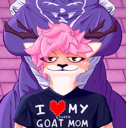 anthro antlers belly big_breasts breasts brick_wall brown_body brown_eyes brown_fur cheek_markings clothed clothing eyelashes eyelashes_through_hair facial_markings female fur fur_markings hair head_markings horn looking_at_viewer male markings pink_hair shirt slightly_chubby smile smiling_at_viewer standing_behind t-shirt text text_on_clothing thick_thighs topwear translucent translucent_hair wall_(structure) white_body white_fur defunctfluff undertale undertale_(series) toriel bovid caprine deer goat mammal soul_(undertale) hi_res