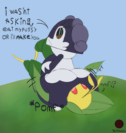 angry big_butt brown_eyes butt cross-popping_vein duo eyeshadow facesitting female female/female feral grass horn makeup on_rock plant purple_body red_eyes rock shocked shortstack sitting sitting_on_another size_difference text drwrandom nintendo pokemon deeva_(drwrandom) levi_(drwrandom) generation_5_pokemon generation_8_pokemon indeedee indeedee_(female) leavanny pokemon_(species) 2026 english_text flat_colors hi_res watermark