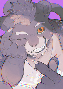 5_fingers amber_eyes anthro arm_markings beckoning black_body black_fur brown_facial_hair brown_goatee brown_hair brown_markings chin_piercing chin_ring claws closed_smile clothed clothed_anthro clothed_male clothing countershade_face countershade_fur countershade_torso countershading eyebrows facial_hair facial_markings finger_claws fingerpads fingers fur gesture goatee hair head_markings head_on_hand looking_at_viewer male markings mouth_closed one_eye_closed pawpads piercing purple_background ring_piercing ringed_iris shirt simple_background smile smiling_at_viewer solo tail tan_body tan_fur tank_top teeth toothy_grin topwear white_clothing white_eyebrows white_sclera white_shirt white_tank_top white_topwear wink winking_at_viewer chiayeeee felid jaguar mammal pantherine 2024 absurd_res bust_portrait chromatic_aberration digital_drawing_(artwork) digital_media_(artwork) hi_res portrait