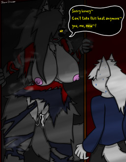 anthro big_breasts bodily_fluids bottomwear breasts clothing dialogue duo female fur genital_fluids genitals grey_body grey_fur grey_hair hair heart_eyes heart_symbol in_heat larger_female long_hair male male/female nipples nude nude_anthro nude_female pants pink_nipples shirt short_hair size_difference steam steaming text thick_thighs topwear torn_clothing vaginal_fluids vulva white_body white_fur white_hair wide_hips yellow_eyes reena_dreamer mythology canid canine canis mammal mythological_canine mythological_creature werecanid werecanine werecreature werewolf wolf absurd_res english_text hi_res
