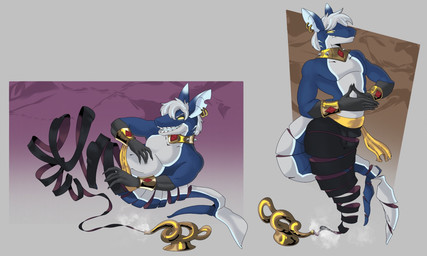 anthro bulge collar countershading cuff_(restraint) detailed_bulge ear_piercing ear_ring floating glowing glowing_eyes gold_(metal) gold_jewelry hair jewelry looking_at_viewer magic_lamp male open_mouth open_smile piercing purple_body restraints ring_piercing smile solo white_body white_countershading white_hair wrist_cuffs dangomango zigs aquatic fish genie shark 2026 hi_res