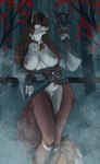 accessory anthro asian_clothing bell black_body breasts brown_eyes brown_hair claws clothing east_asian_clothing female female_anthro forest forest_background fur genitals grey_background hair humanoid_genitalia japanese_clothing jewelry leaf mask multicolored_body multicolored_fur nature nature_background nipples nude nude_anthro nude_female pendant plant red_body simple_background snow snowflake solo tree vulva white_body winter albtraumwach asian_mythology east_asian_mythology japanese_mythology mythology pikat_(deadpikat) canid canine demon fox mammal red_fox true_fox absurd_res hi_res